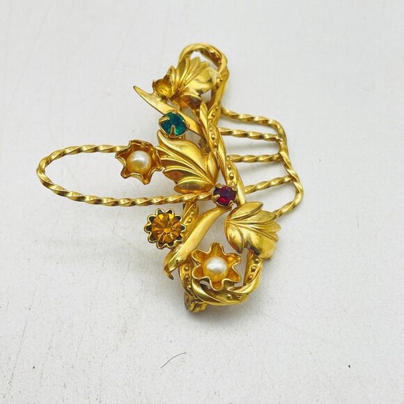 Vintage DCE Flower Basket Brooch 1/20 14k GF Rhinestones Seed Pearls READ - Picture 4 of 8